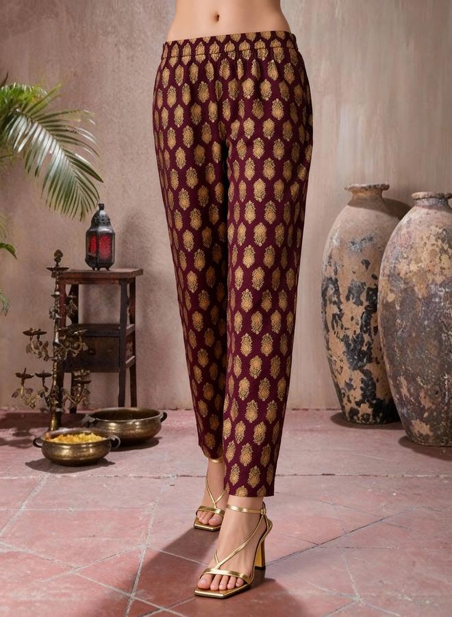 globus Women Wine Embroidered Kurta with Pants Set - Image 4
